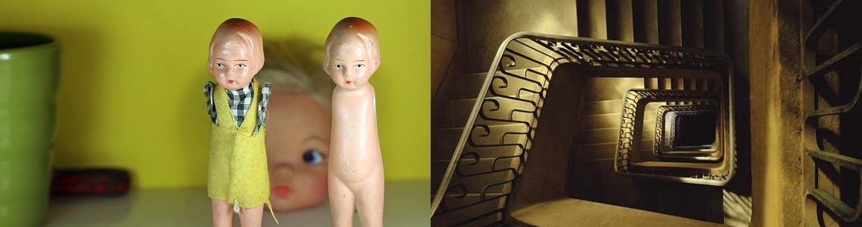 Two dolls, one of them without clothes, behind them another bigger doll, only face is visible . Another picture of the dark stairs going down